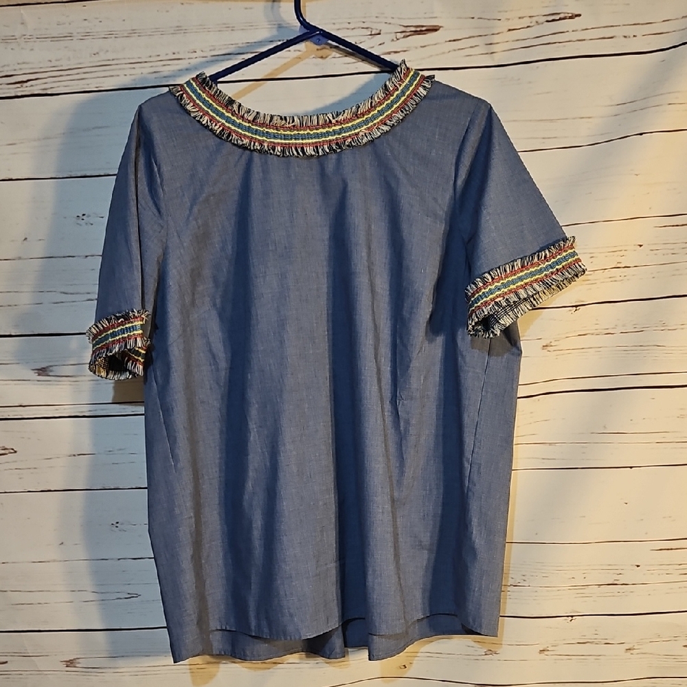 Pleione  Anthropologie Tops  Womens Large Blue Poplin‎ Embroidered Fringe